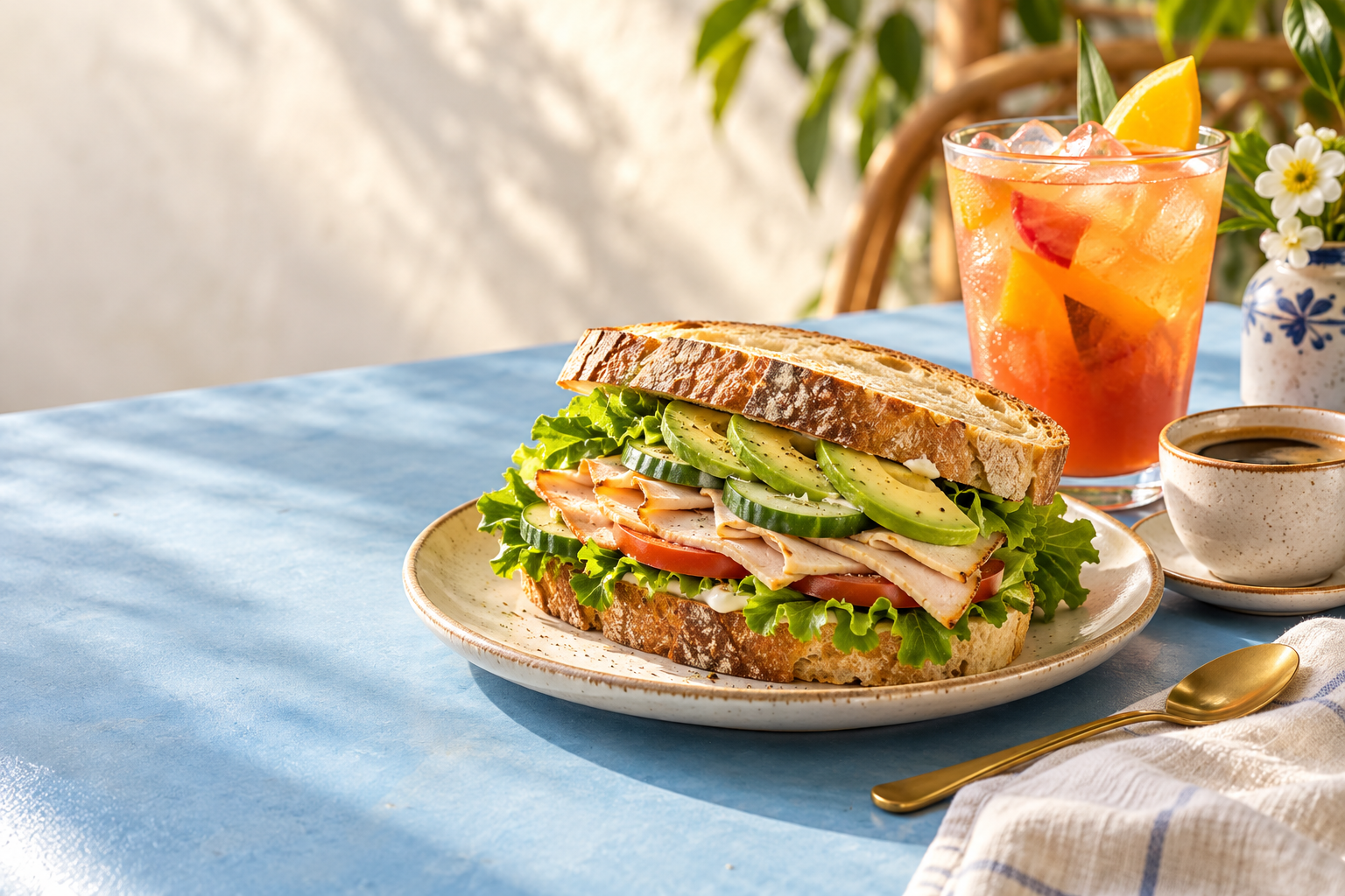 Sándwich fresco de pavo con aguacate junto a bebidas frías y café